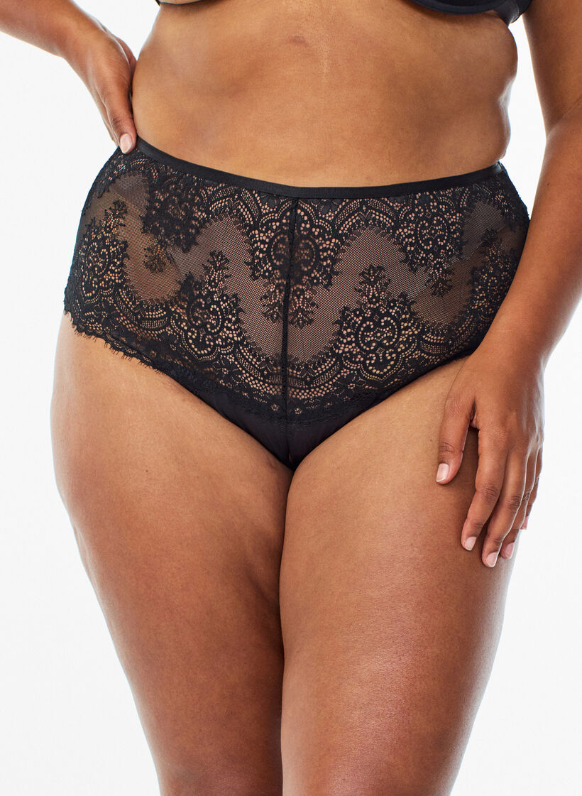 Lace hipster thong with an opening at the bottom, Black, Model image number 2