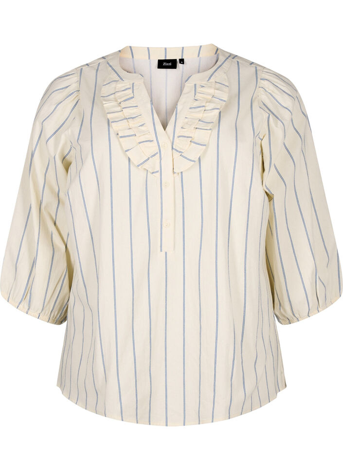 3/4 sleeve cotton Blouse with stripes, Eggnog Stripe, Packshot image number 0