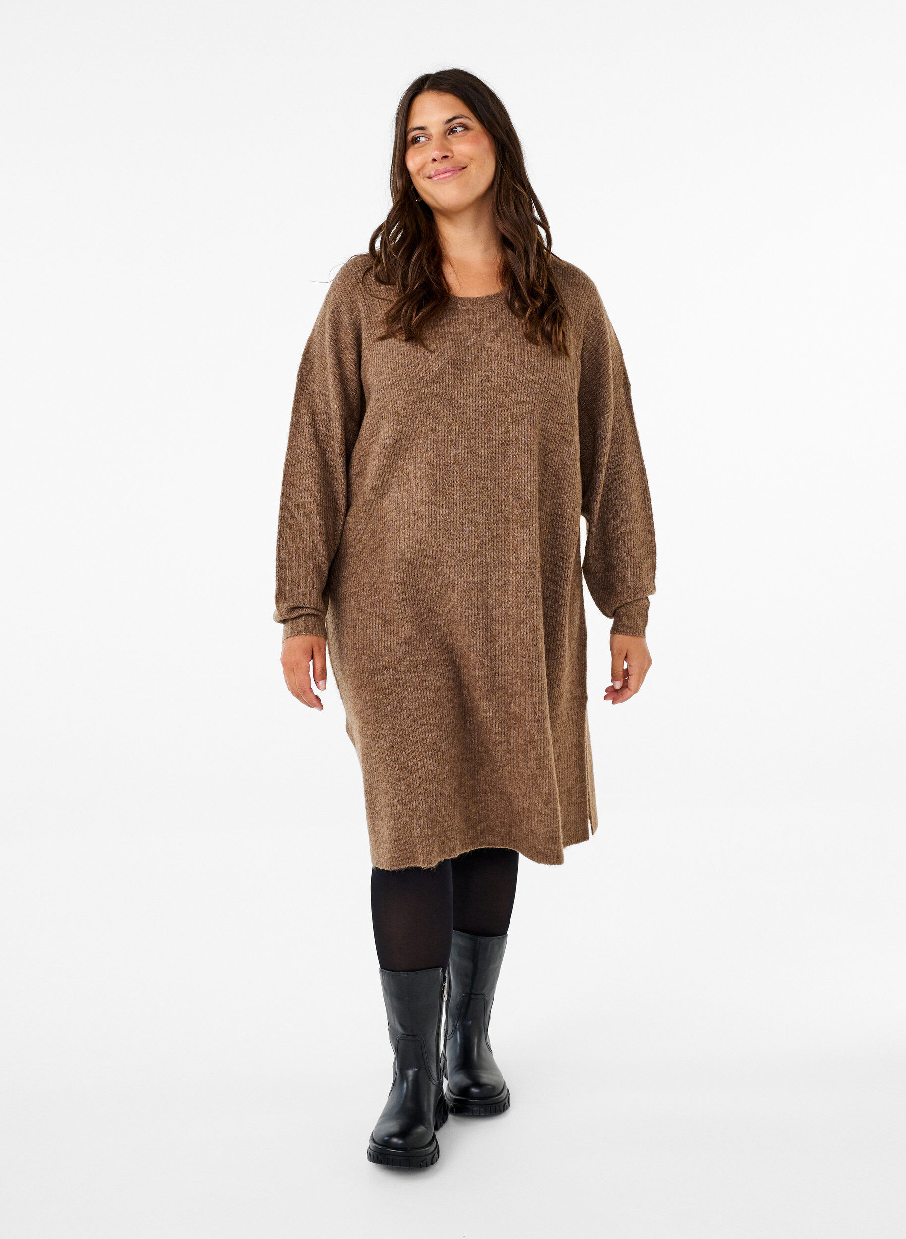 Zizzifashion Long sleeved rib knit dress, Caribou Mel., Model image number 2