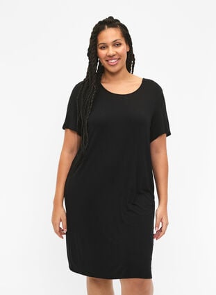 Short-sleeved viscose dress with back detail, Black, Model image number 0