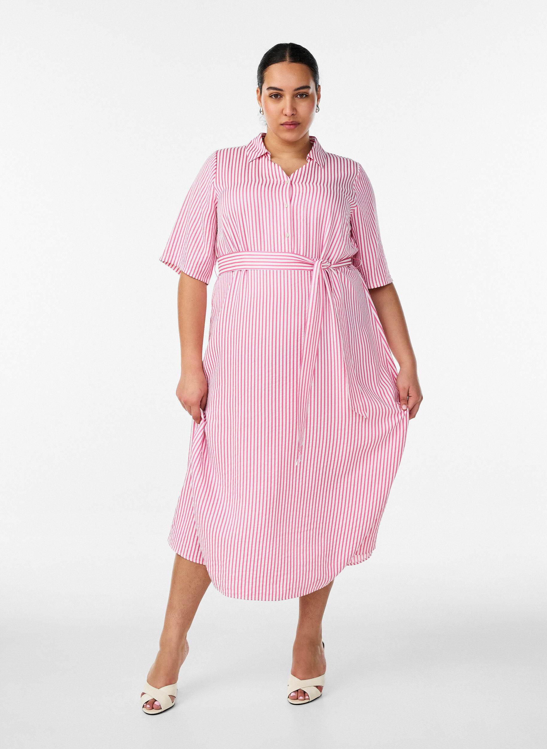 ZizzifashionAnkle-length shirt dress with tie belt and stripes, Pink, Model image number 0