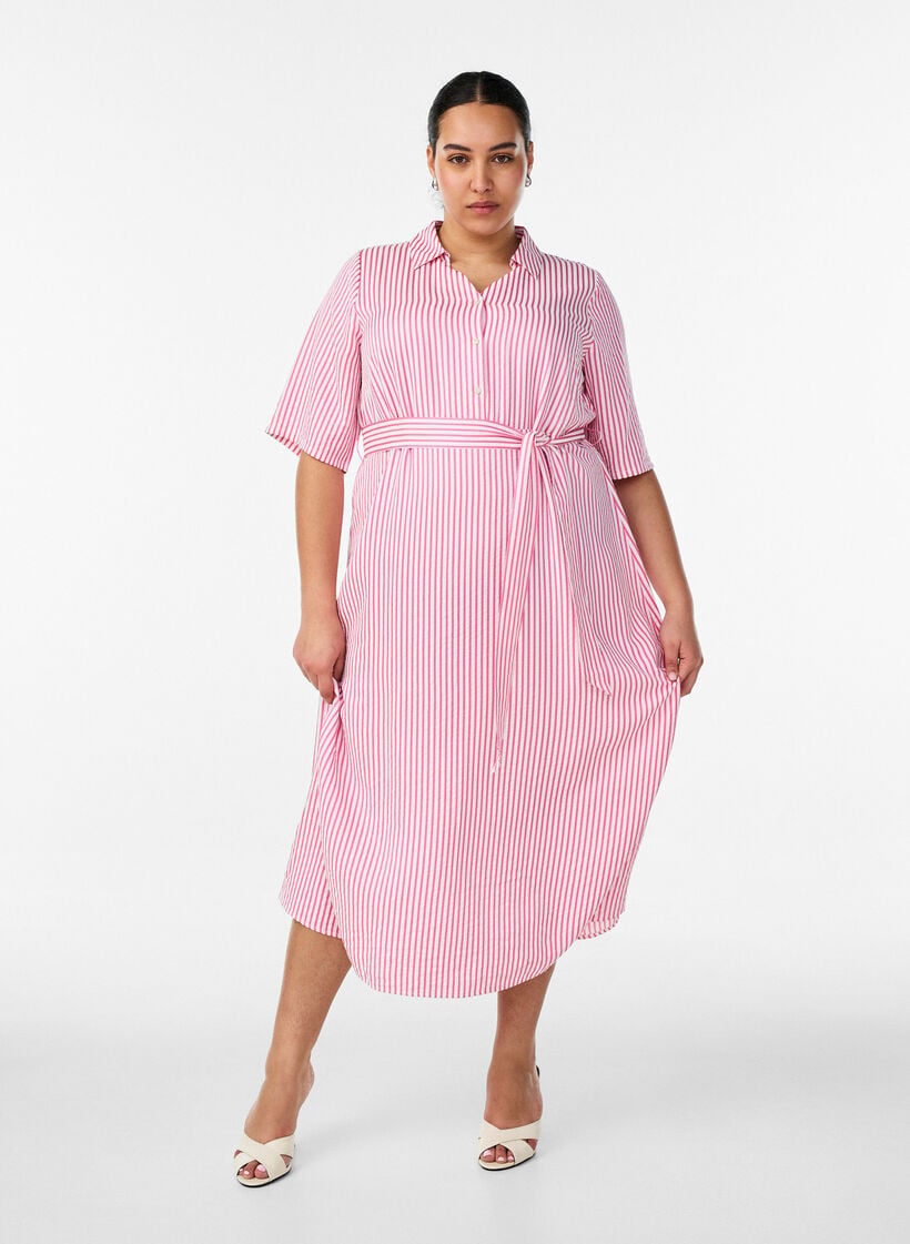 Ankle-length shirt dress with tie belt and stripes, Pink, Model image number 0