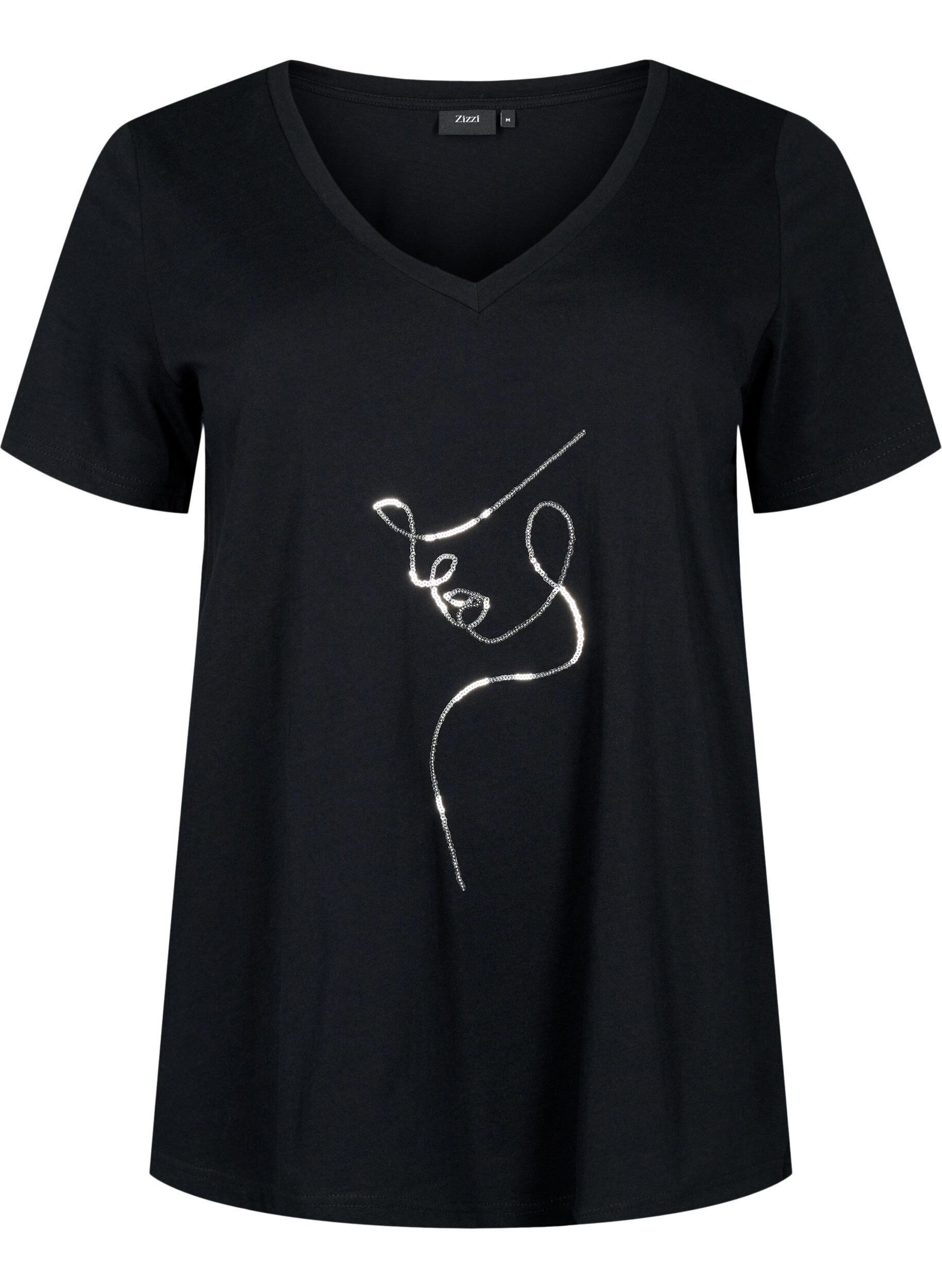 Zizzifashion Cotton t-shirt with sequins, Black W. Face, Packshot image number 0