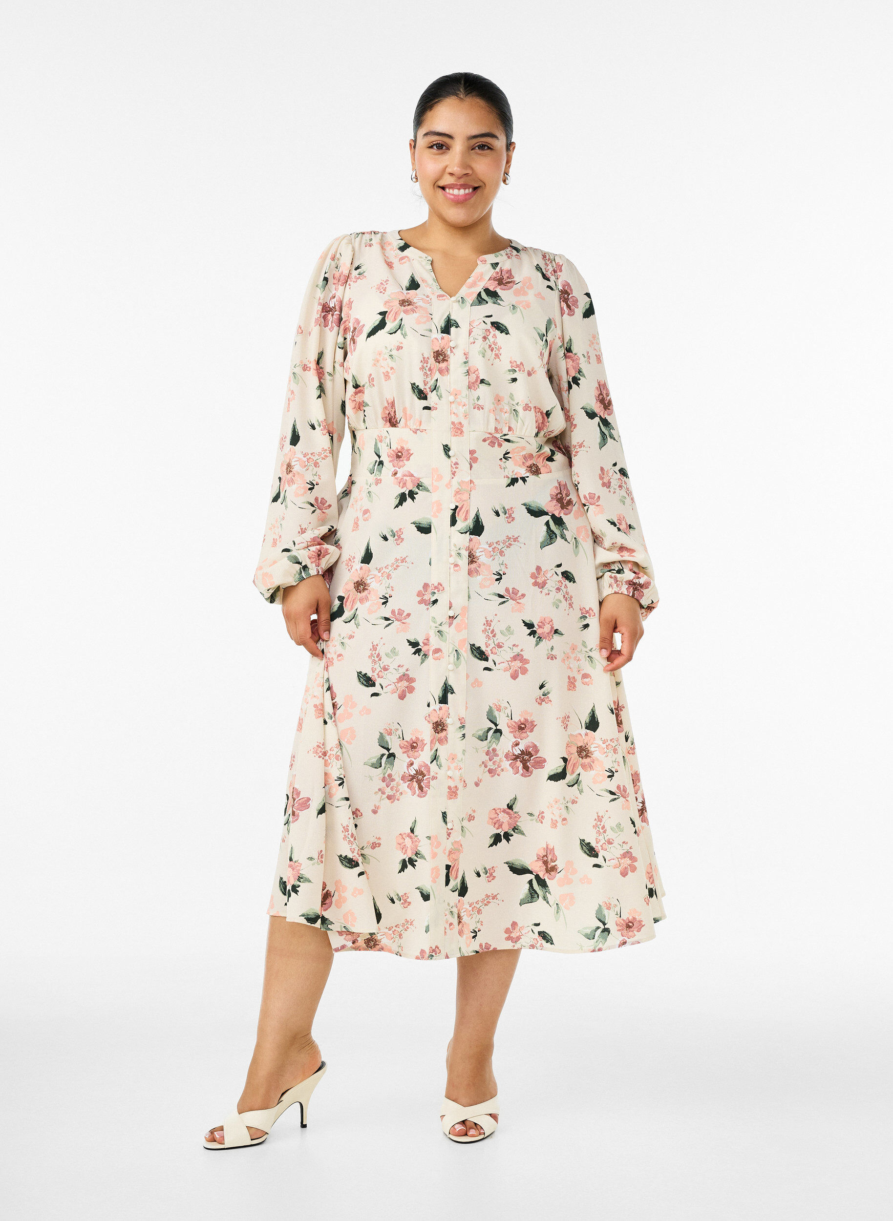 Midi dress with smock and decorative buttons, Beige, Model