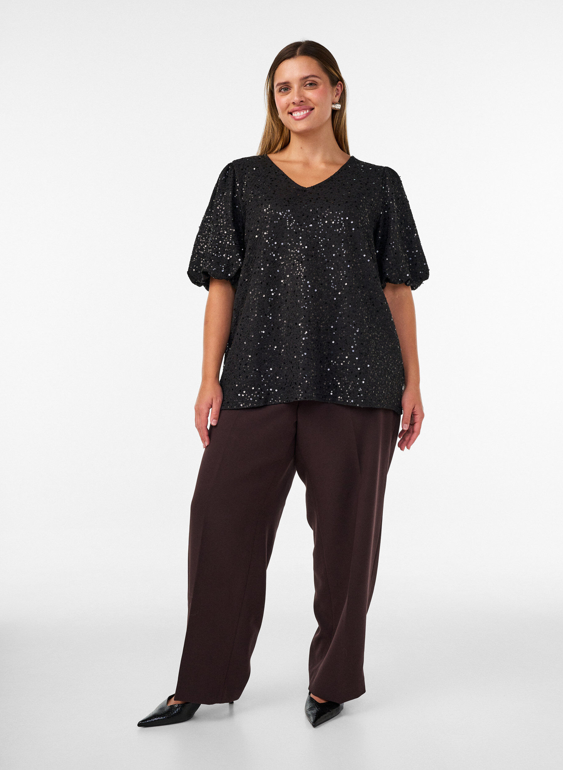 ZizzifashionSequin blouse with balloon sleeves, Black, Model image number 1