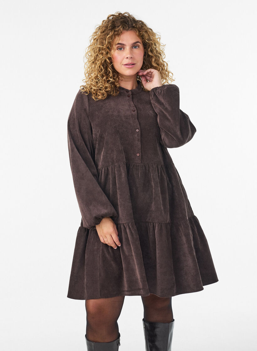 Corduroy dress with A-line shape and stand collar, Brown, Model image number 0
