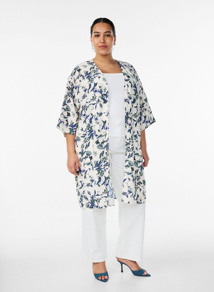 Viscose kimono with 3/4 sleeves, Blue, Model image number 1