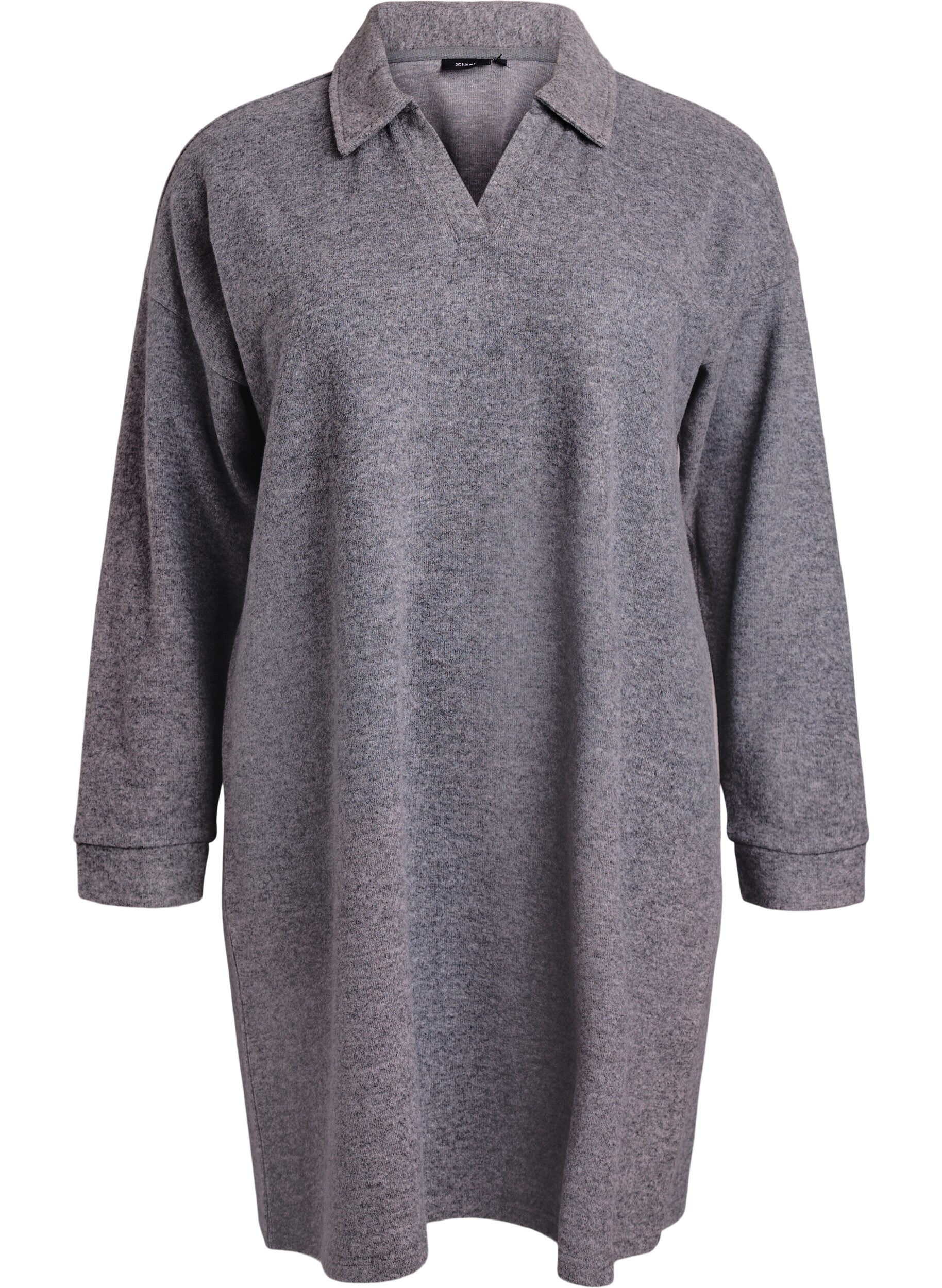 Knee-length jersey dress with a V-neck and collar