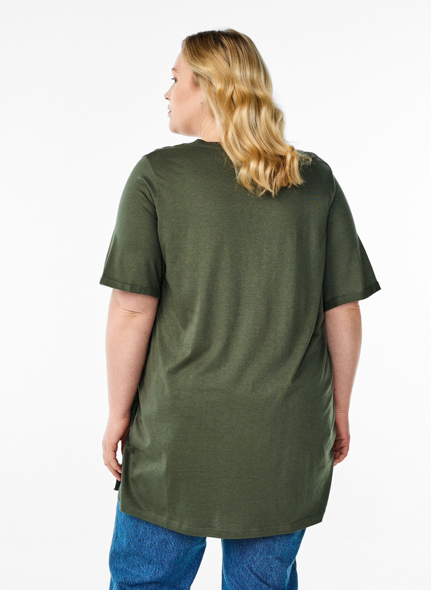 Zizzifashion Single colour oversized t-shirt with v-neck, Green, Model image number 2