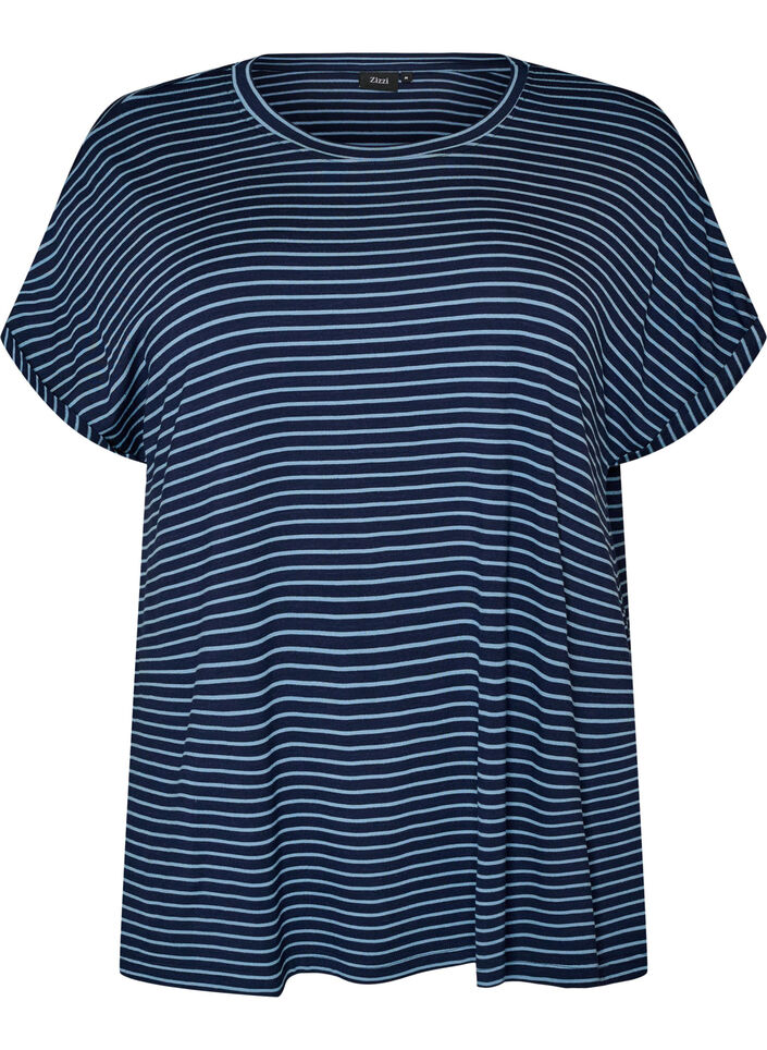 Striped T-shirt in viscose with a round neck, Blue, Packshot image number 0