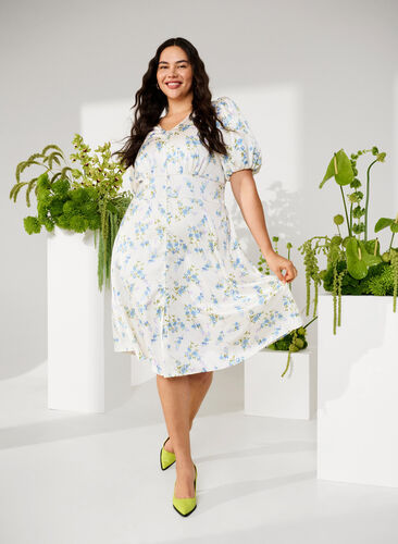 Floral satin dress with puff sleeves, Off White Blue Fl., Image image number 0