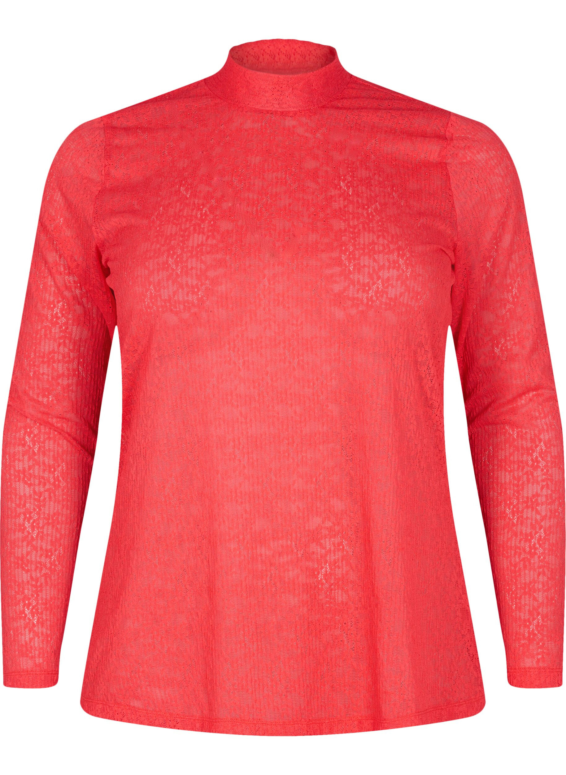 Zizzifashion Close-fitting lace blouse with long sleeves, Hibiscus, Packshot image number 0