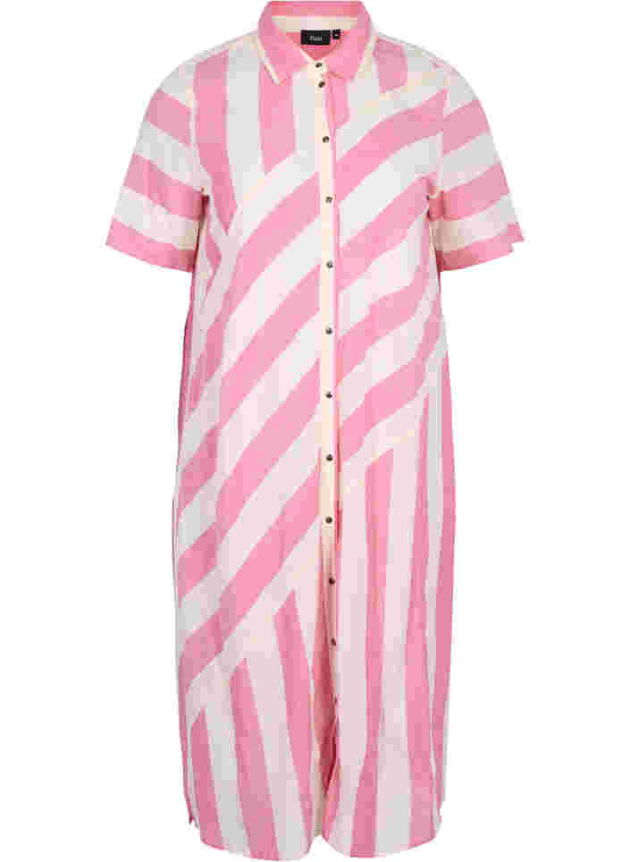 Short-sleeved cotton shirt dress with stripes, Magenta Stripe, Packshot
