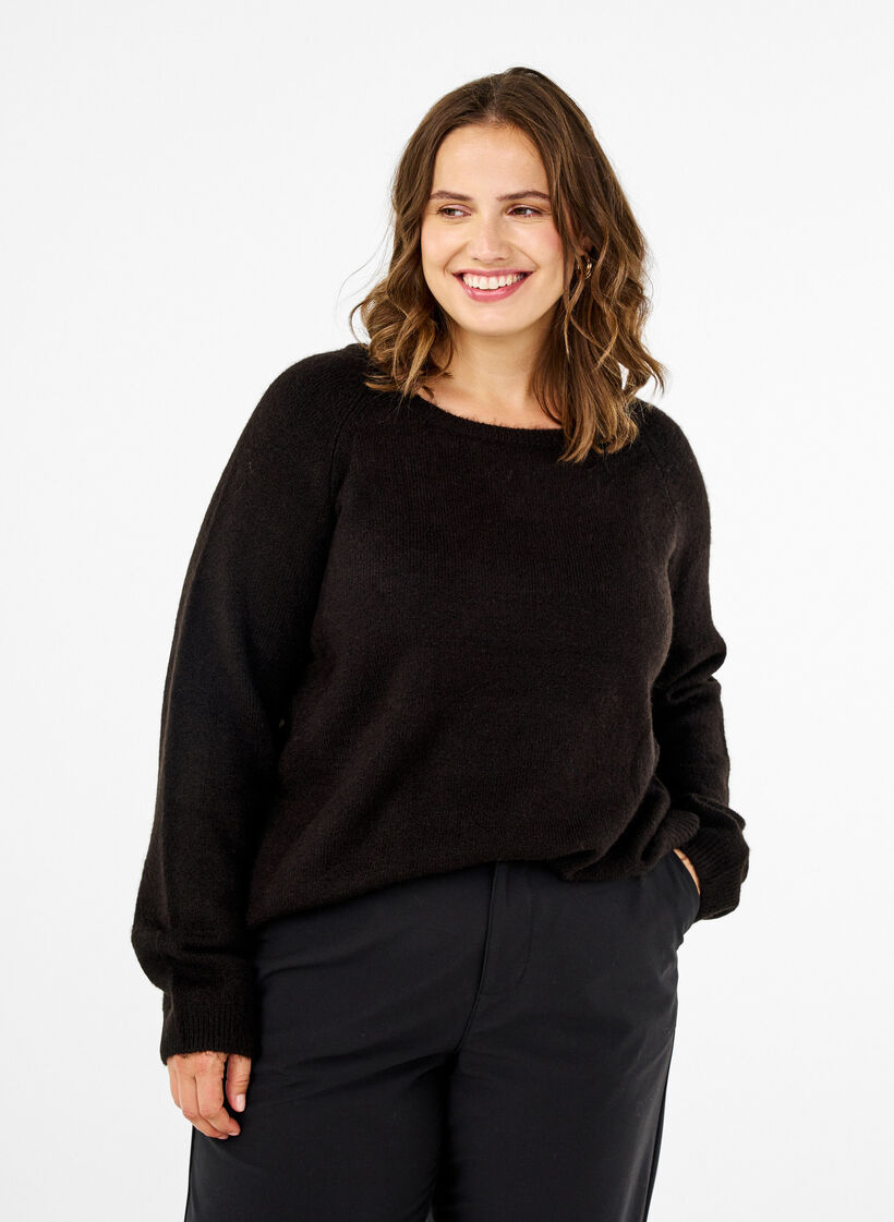 Loose-fitting knitted blouse with round neck, Black, Model image number 0