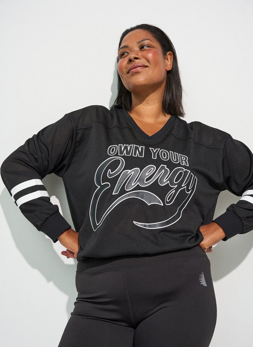 Sporty mesh top with text print, Black, Model image number 3