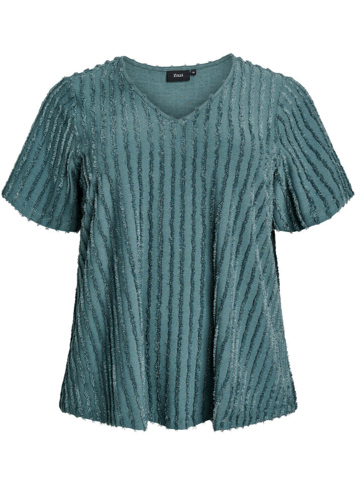 Blouse with short sleeves and striped texture, Green, Packshot image number 0