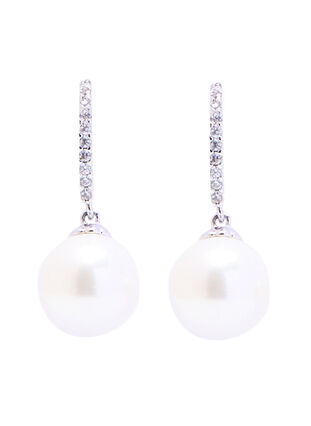 Earrings with rhinestones and pearl pendant, Silver, Packshot image number 0