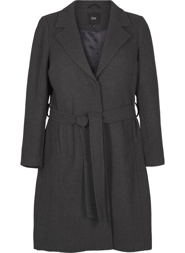 Long wool coat with belt, Dark Grey Melange, Packshot image number 0
