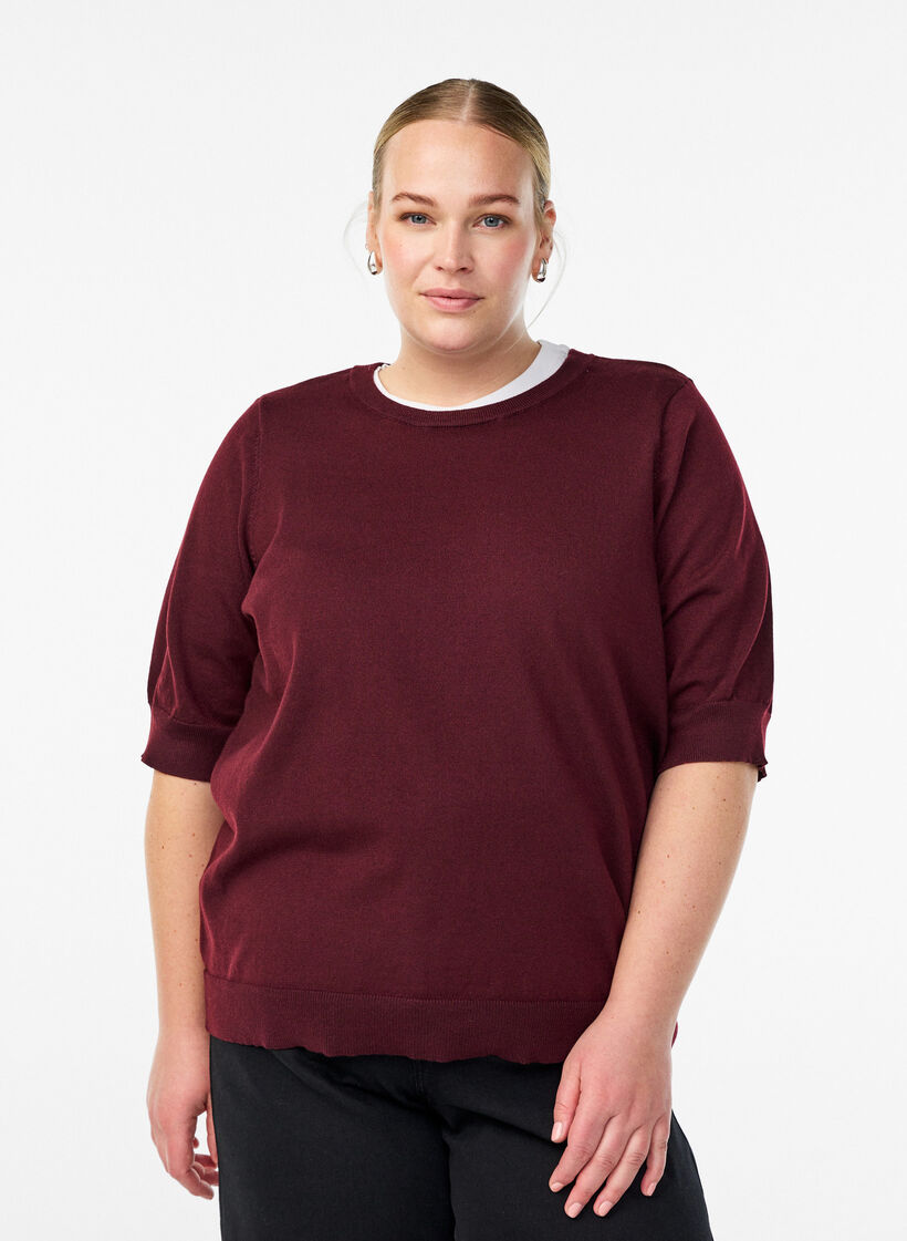 Fine-knit blouse with short sleeves, Red, Model image number 0