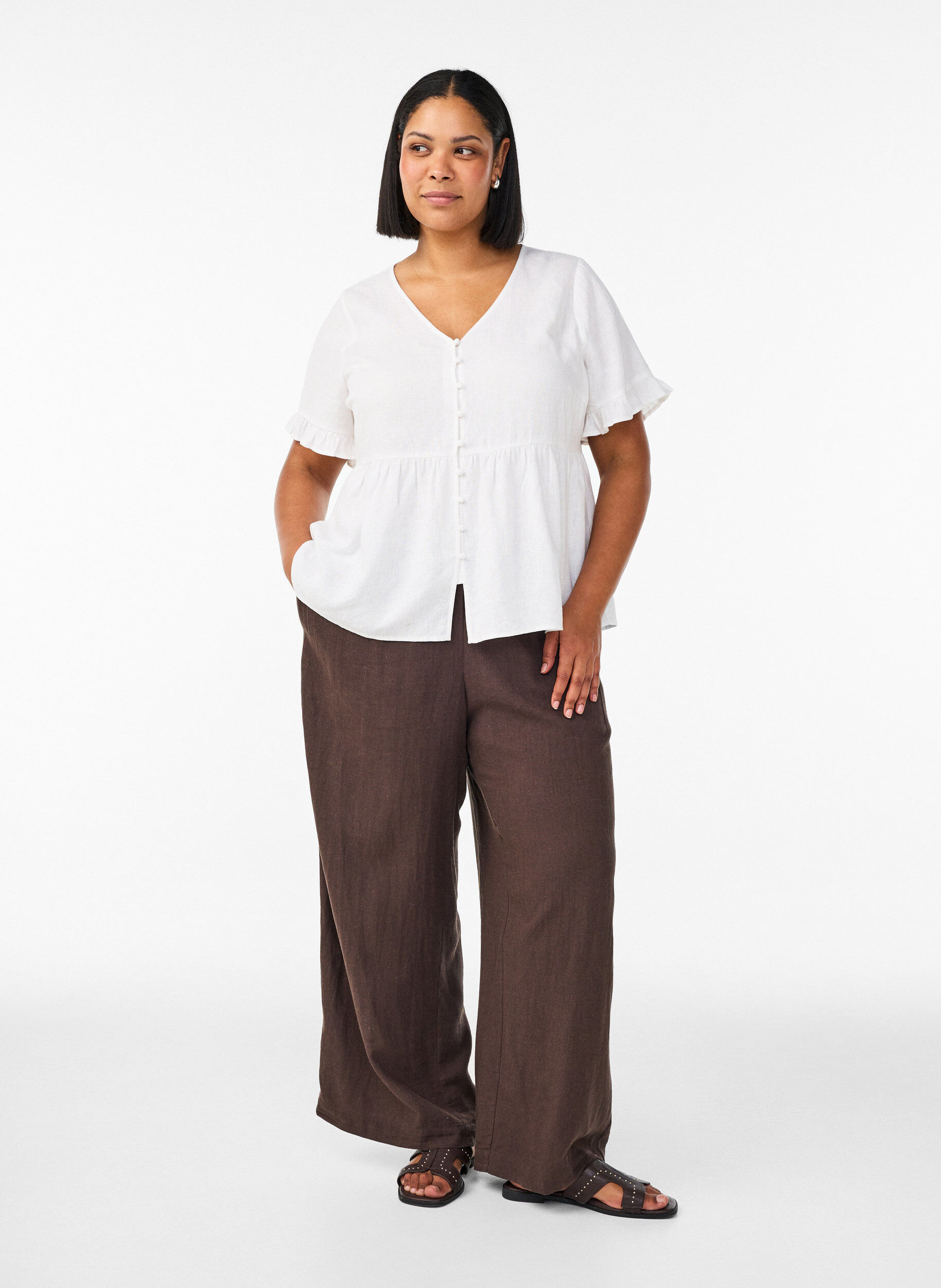Wide-leg linen and viscose trousers, Brown, Model