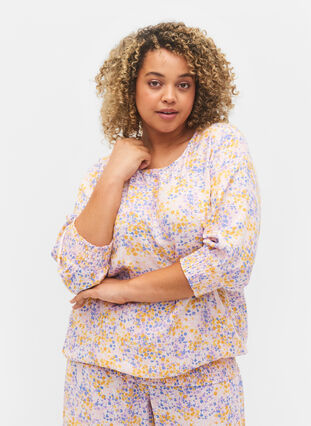 Floral viscose blouse with smock and 3/4 sleeves, Rose Ditsy AOP, Model image number 0
