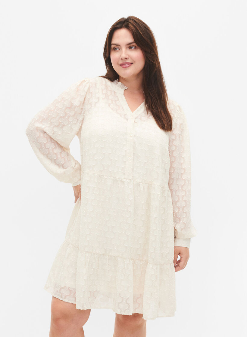 Jacquard dress with ruffle collar, Birch, Model image number 0