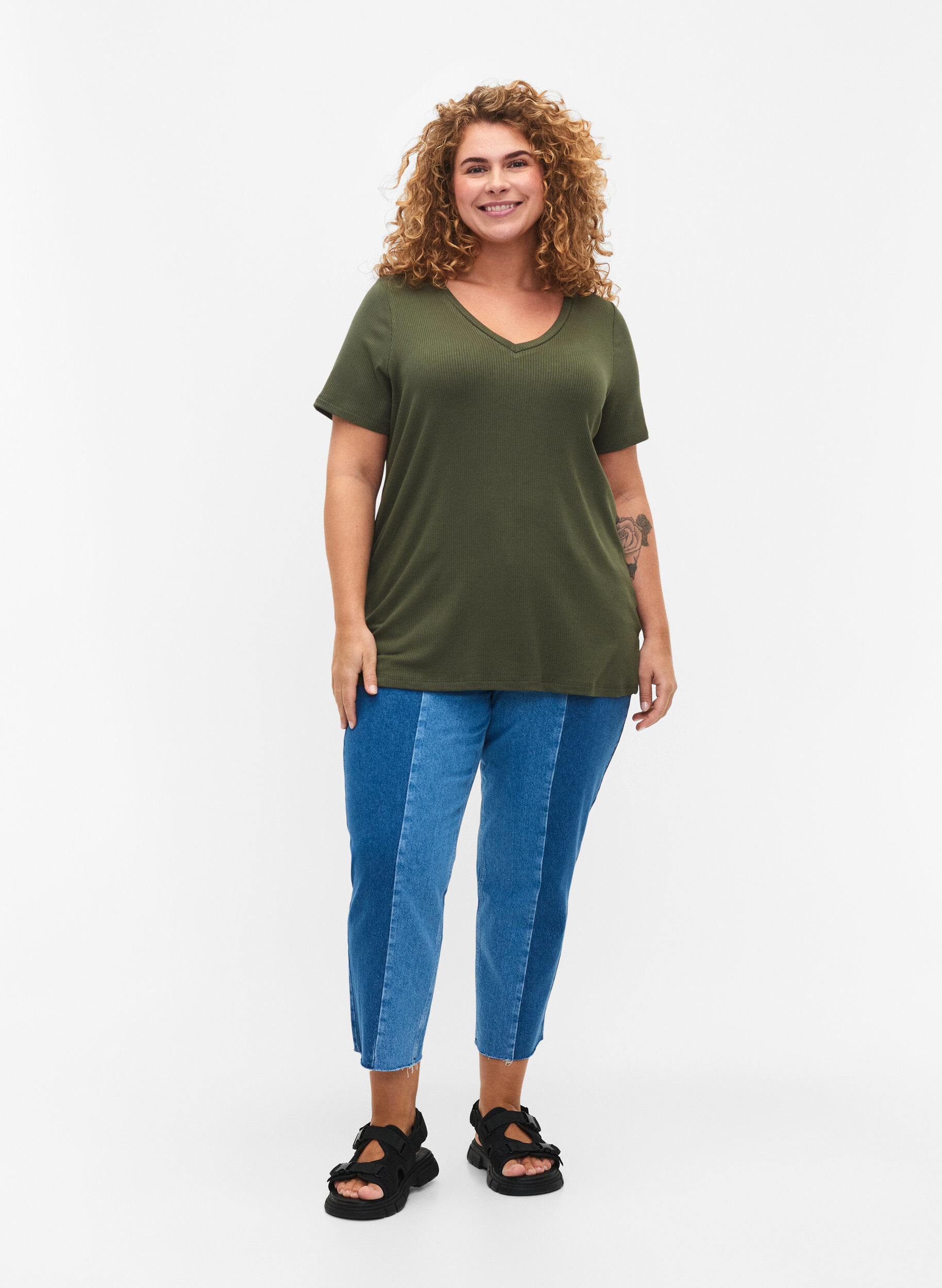 Zizzifashion Ribbed T-shirt with LENZING&trade; ECOVERO&trade; Viscose, Thyme, Model image number 2