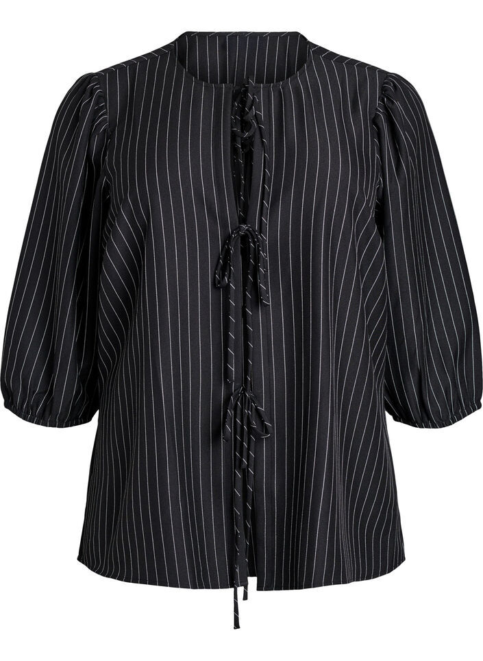 Blouse with pinstripes and tie strings, Black, Packshot image number 0