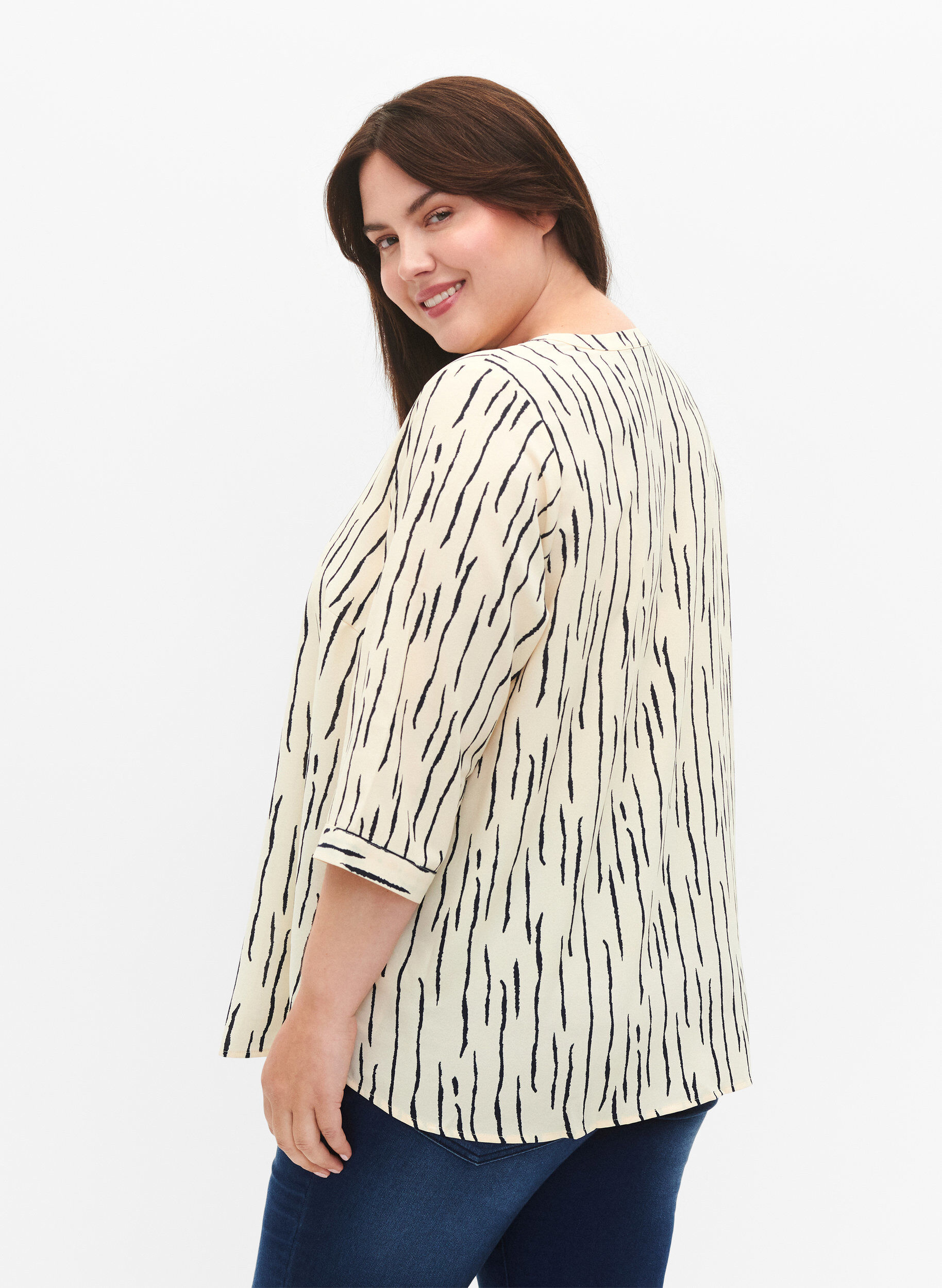 Zizzifashion Blouse with 3/4 sleeves and print, Off White Stripe, Model image number 1