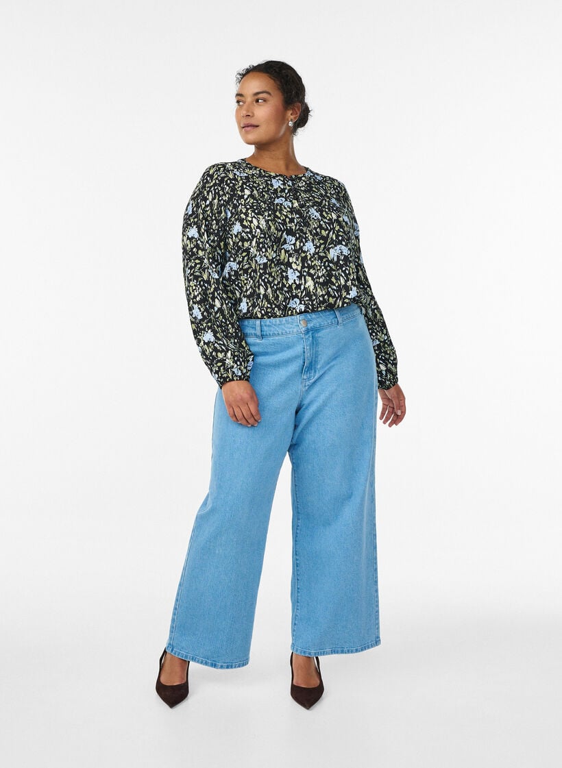 Long-sleeved blouse with pattern and buttons, Black, Model image number 1