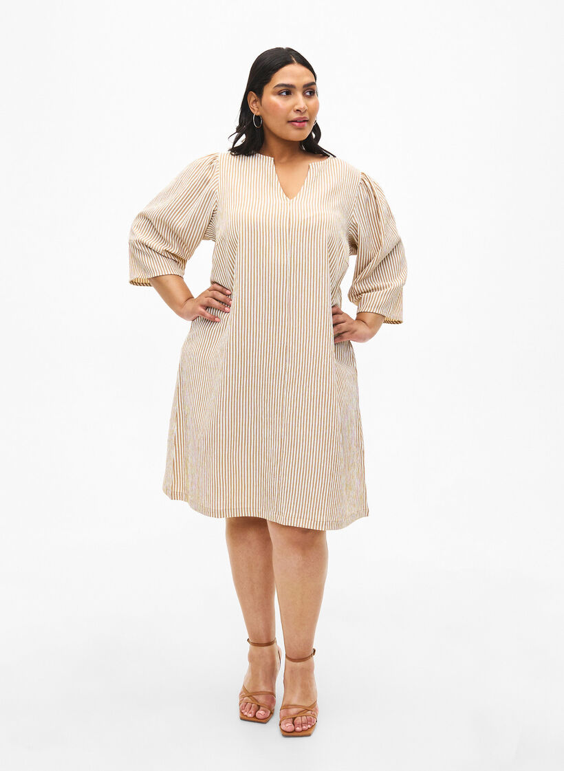 Striped dress with 3/4 sleeves, Camel Stripe, Model image number 2