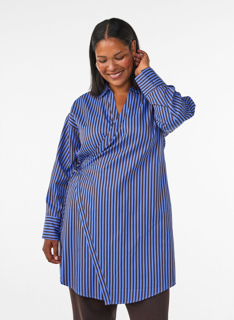 Striped shirt with a wrap effect and a tie-belt, Blue, Model image number 0