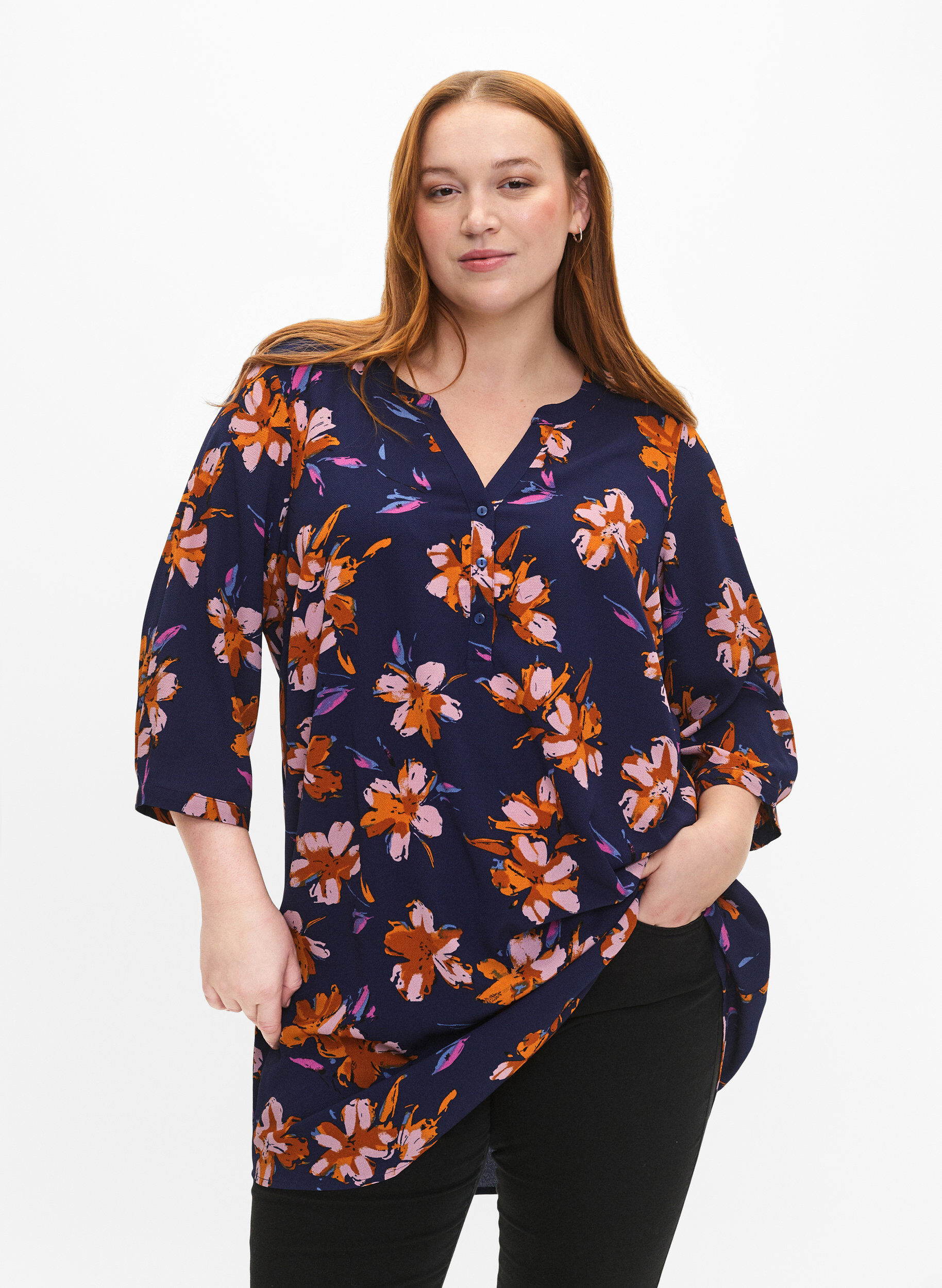 Zizzifashion Floral tunic with 3/4 sleeves, Peacoat Flower AOP, Model image number 0