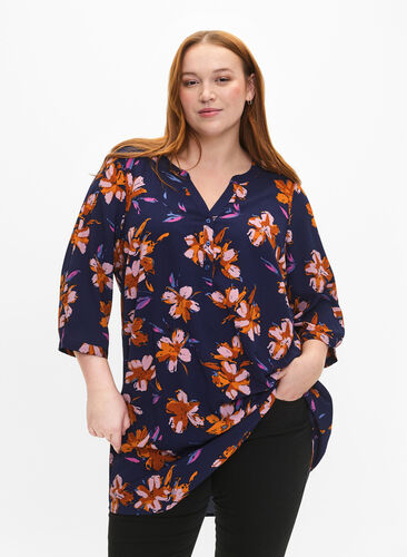 Floral tunic with 3/4 sleeves, Peacoat Flower AOP, Model image number 0