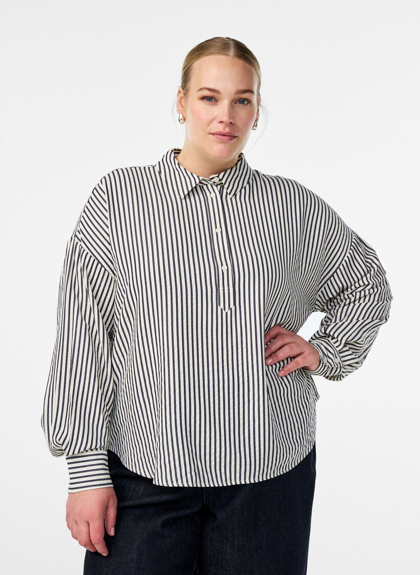 Striped shirt with button detail on the back, Black, Model image number 0