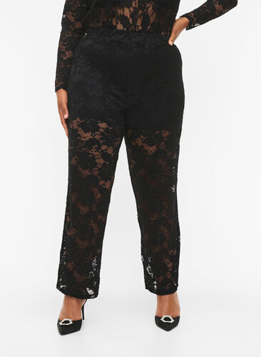 Laced pants with straight fit, Black, Model image number 2