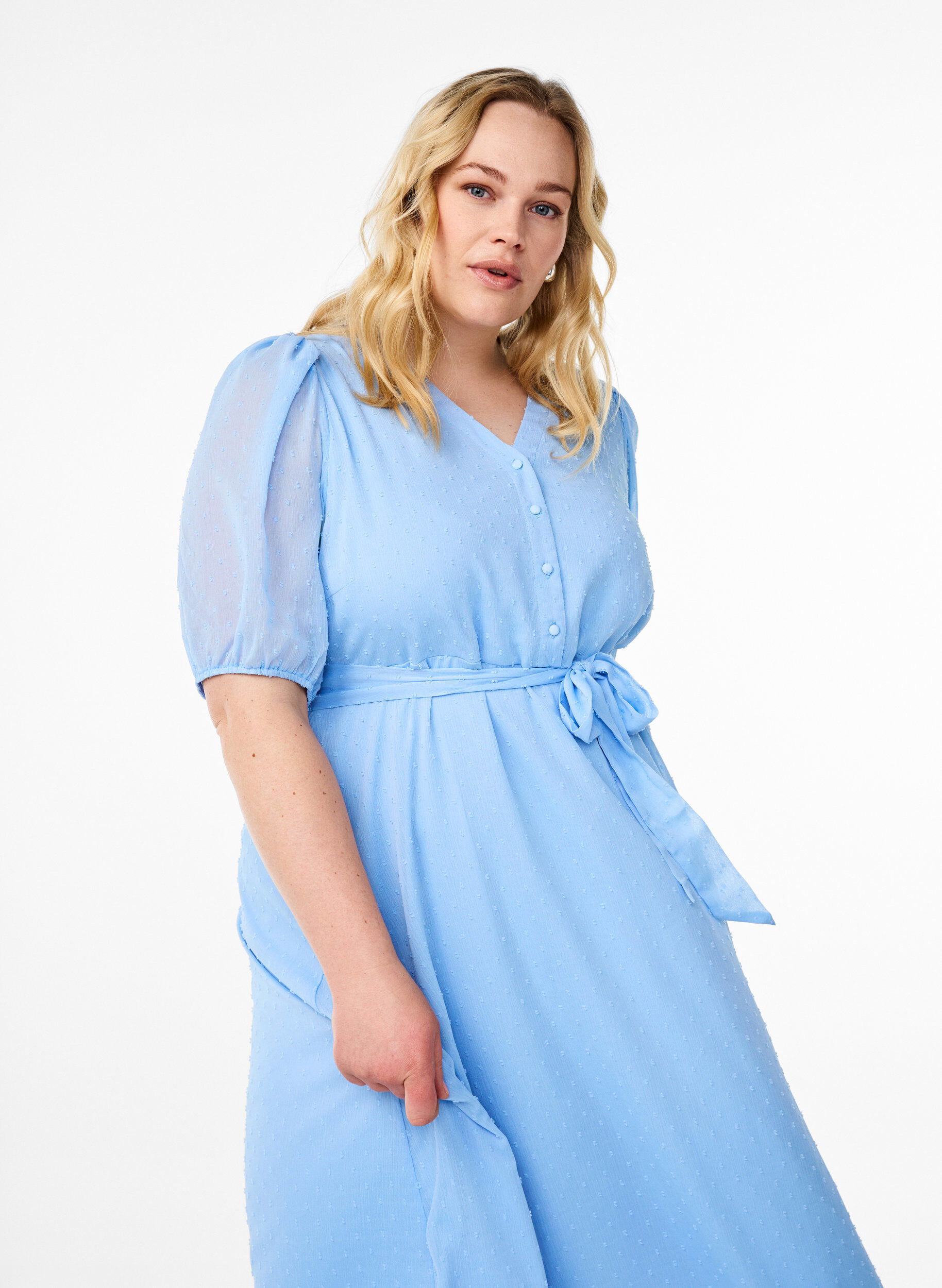 ZizzifashionV-neck midi dress with tie fastening, Light Blue, Model image number 2