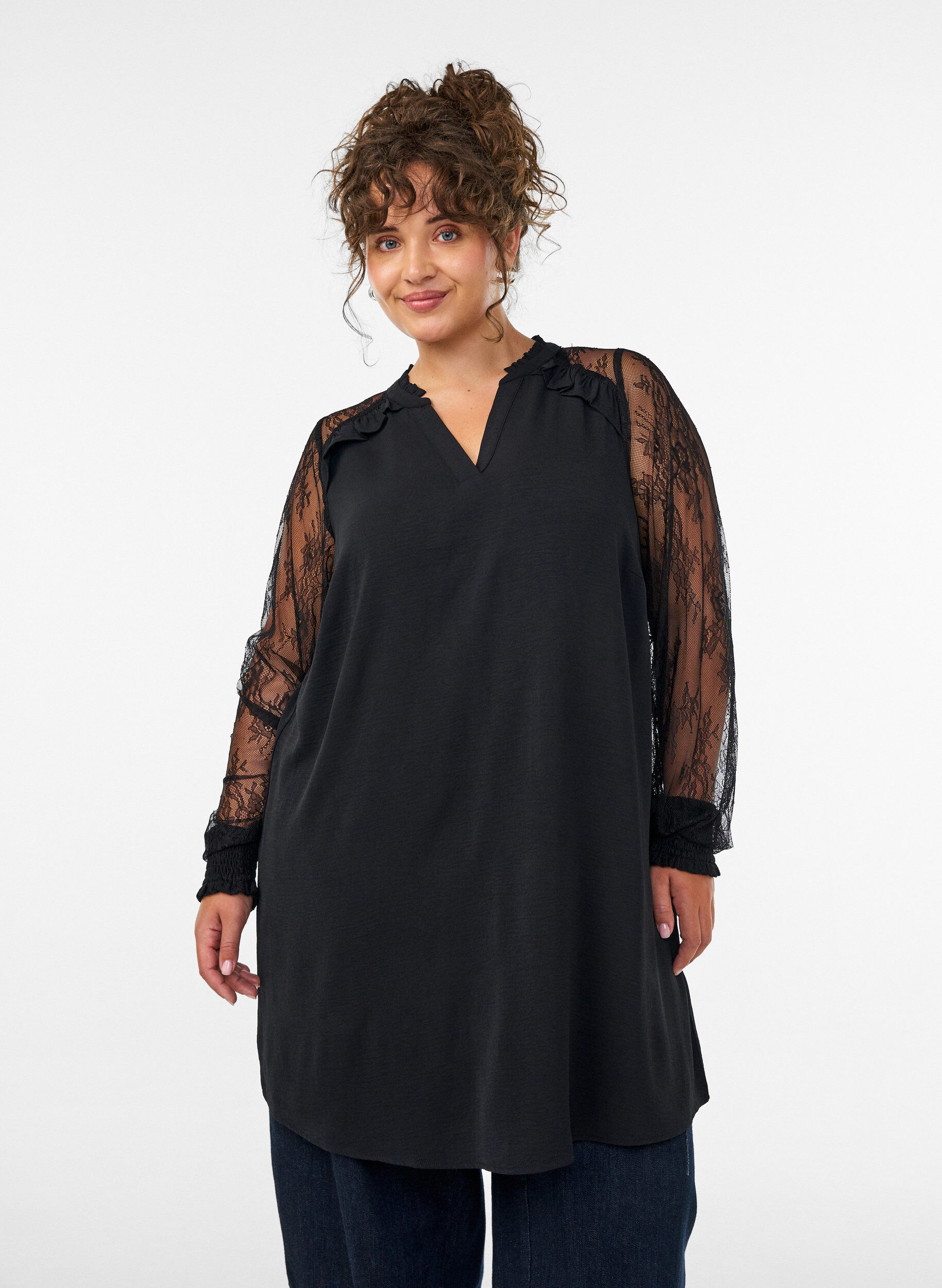 ZizzifashionTunic with sheer lace sleeves, Black, Model image number 0