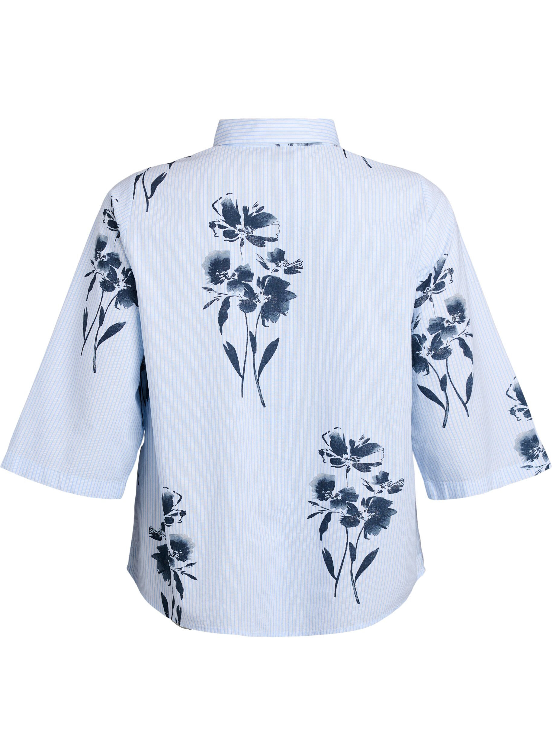 Zizzifashion Striped shirt with floral print and 3/4 sleeves, Light Blue, Packshot image number 1