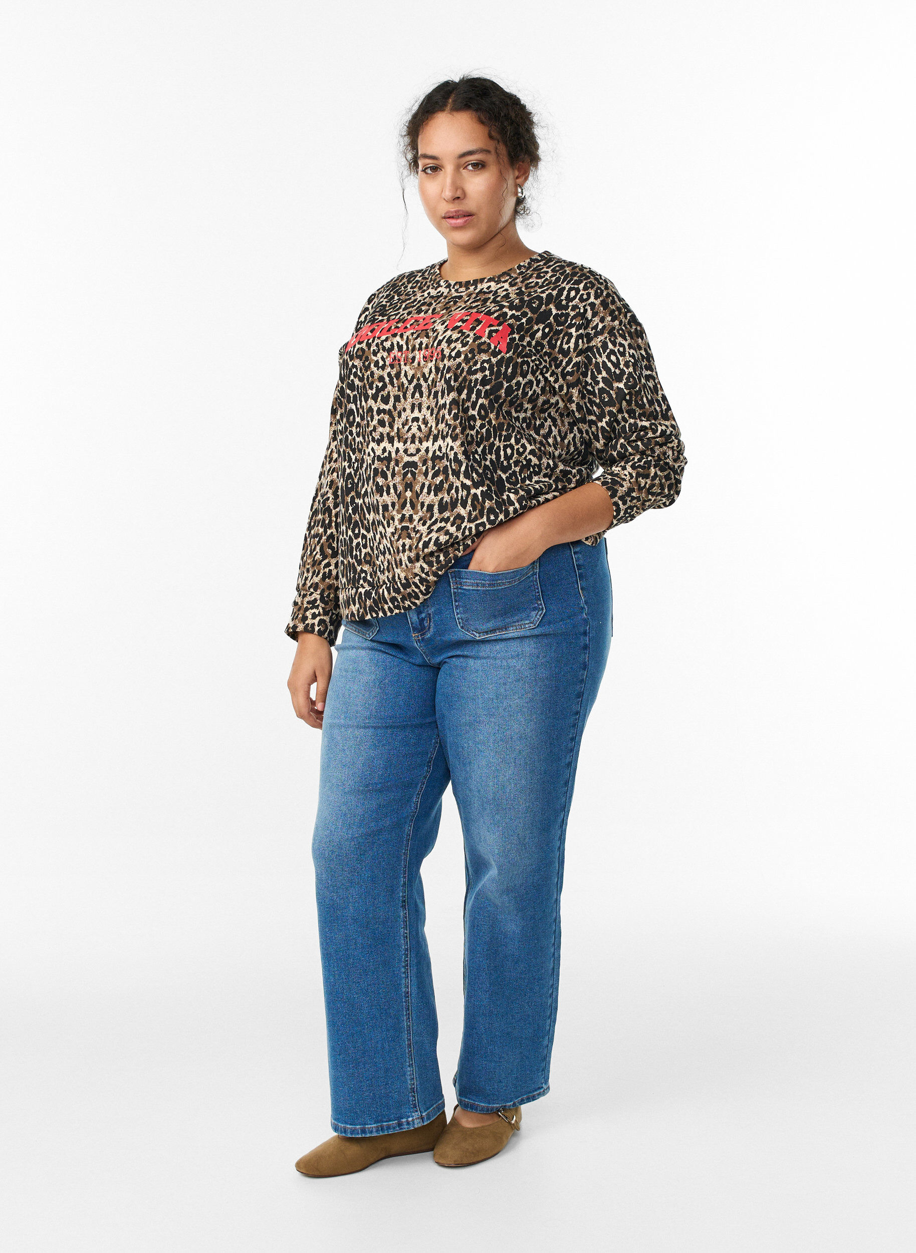 Zizzifashion Leopard print sweatshirt with statement print, Brown, Model image number 1