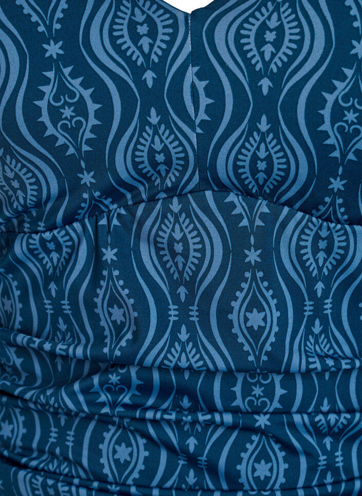 Patterned swimsuit with ruffle details and draping, Petrol, Packshot image number 2