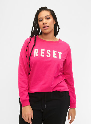 Sweatshirt with text, Fuchsia P. W. Reset, Model image number 0