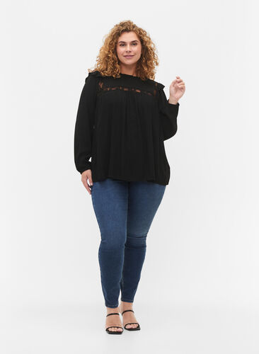 Viscose blouse with frills and lace, Black, Model image number 2