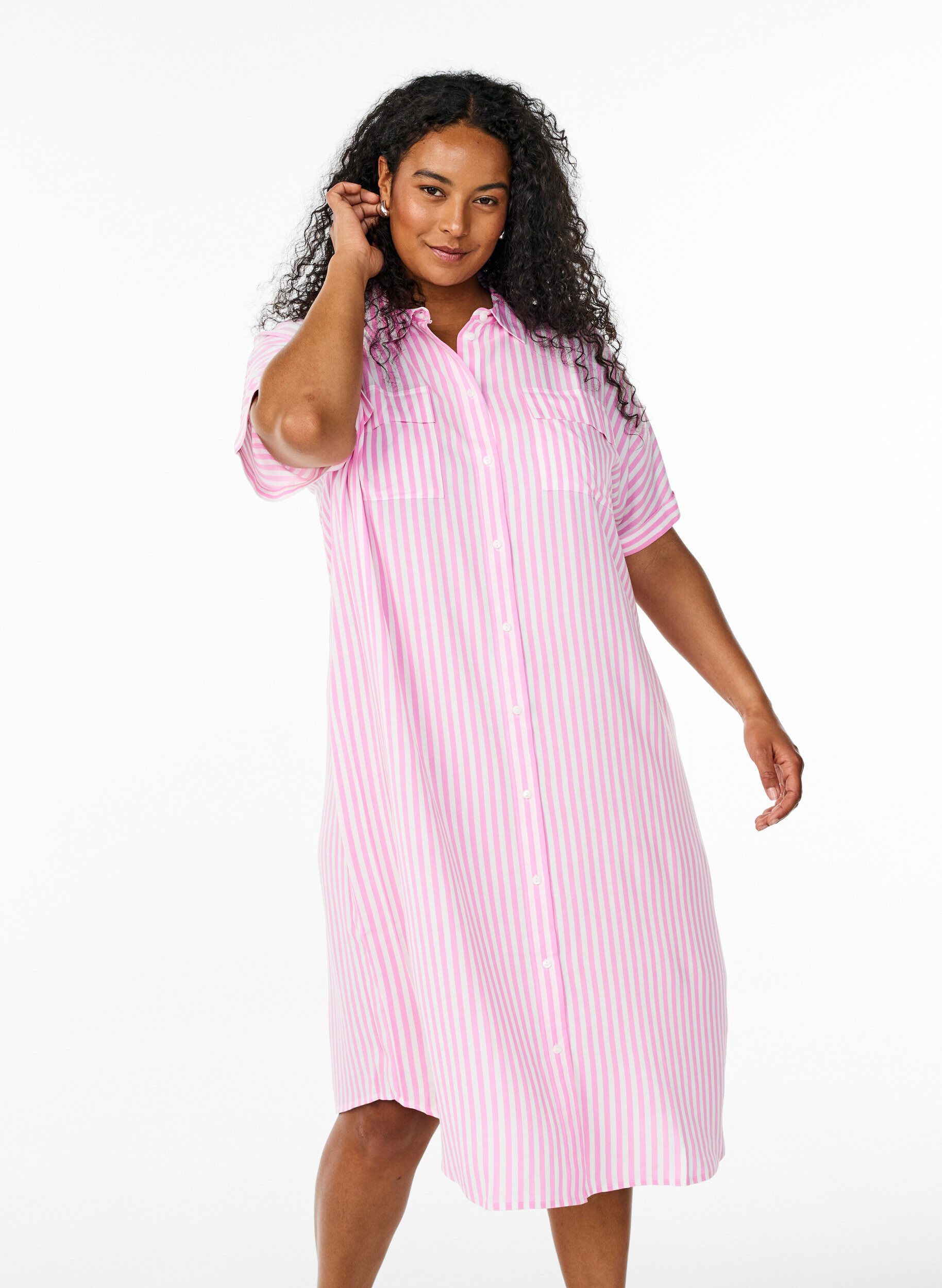 Zizzifashion FLASH - Long shirt dress with short sleeves, Pink, Model image number 0