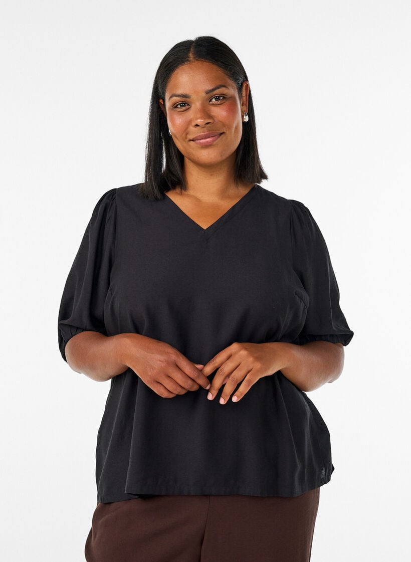 Viscose blouse with V-neck, Black, Model image number 0