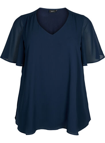 V-neck blouse with short sleeves, Total Eclipse, Packshot image number 0
