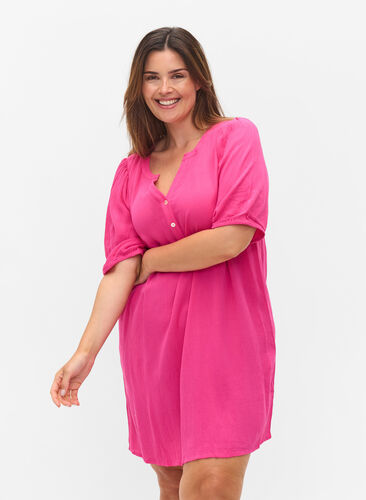 Viscose tunic with V-neck and buttons, Magenta, Model image number 0