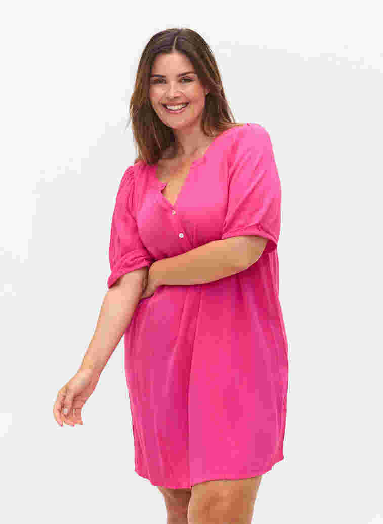 Viscose tunic with V-neck and buttons, Magenta, Model image number 0