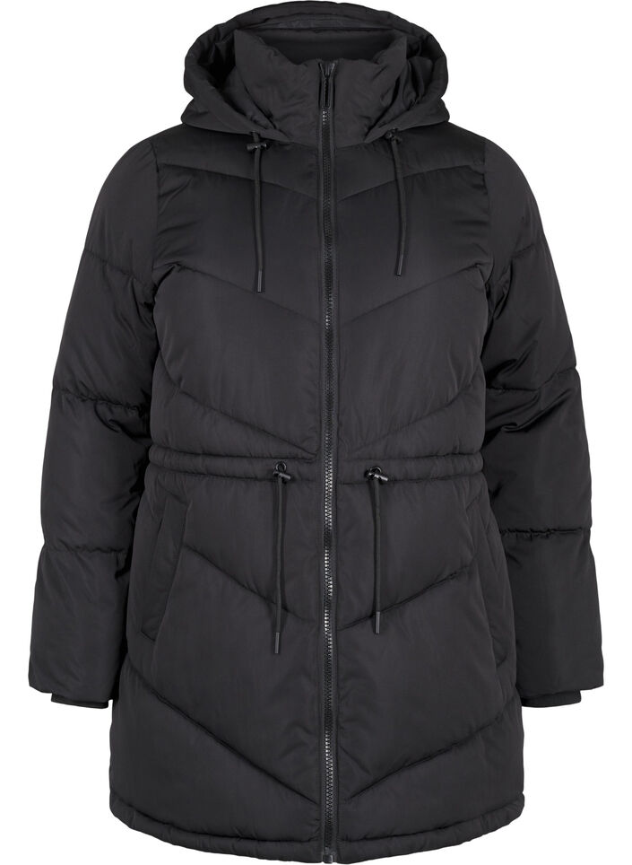 Mid-length puffer jacket with hood, Black, Packshot image number 0