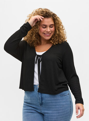 Ribbed cardigan with tie-string, Black, Model image number 0
